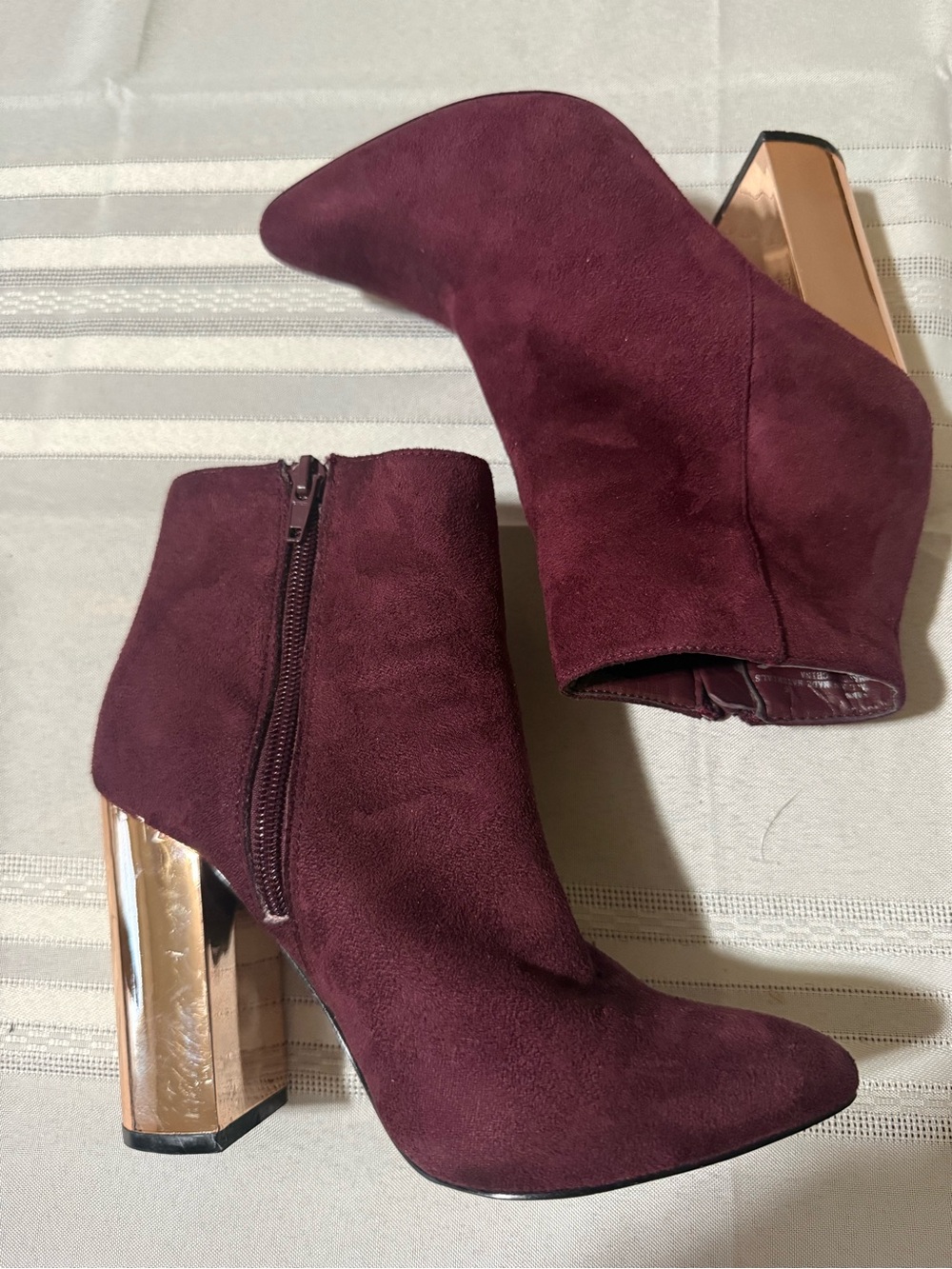 Charlotte Russe Burgundy Suede Ankle Boots with Metallic Block Heel